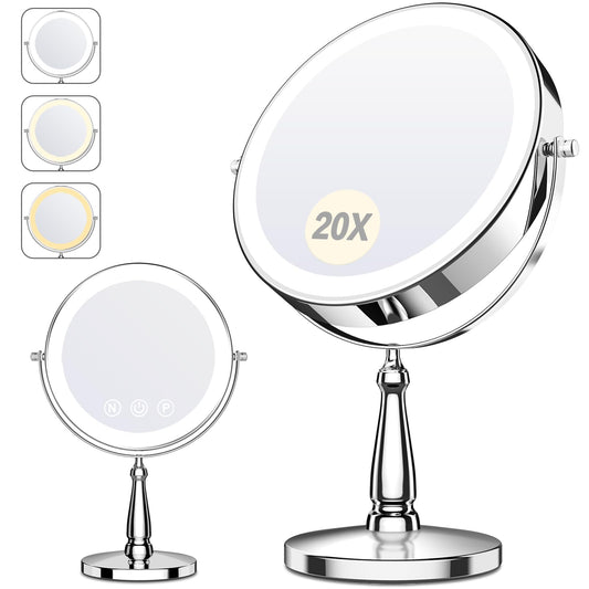 WOOCICA Makeup Mirror with Lights, 20X Magnifying Mirror with Light for Women, 5000 mAh Vanity Mirror with Lights and 3 Colors, 2-Sided Lighted Magnified Mirrors for Delicate Makeup, 9 Inch