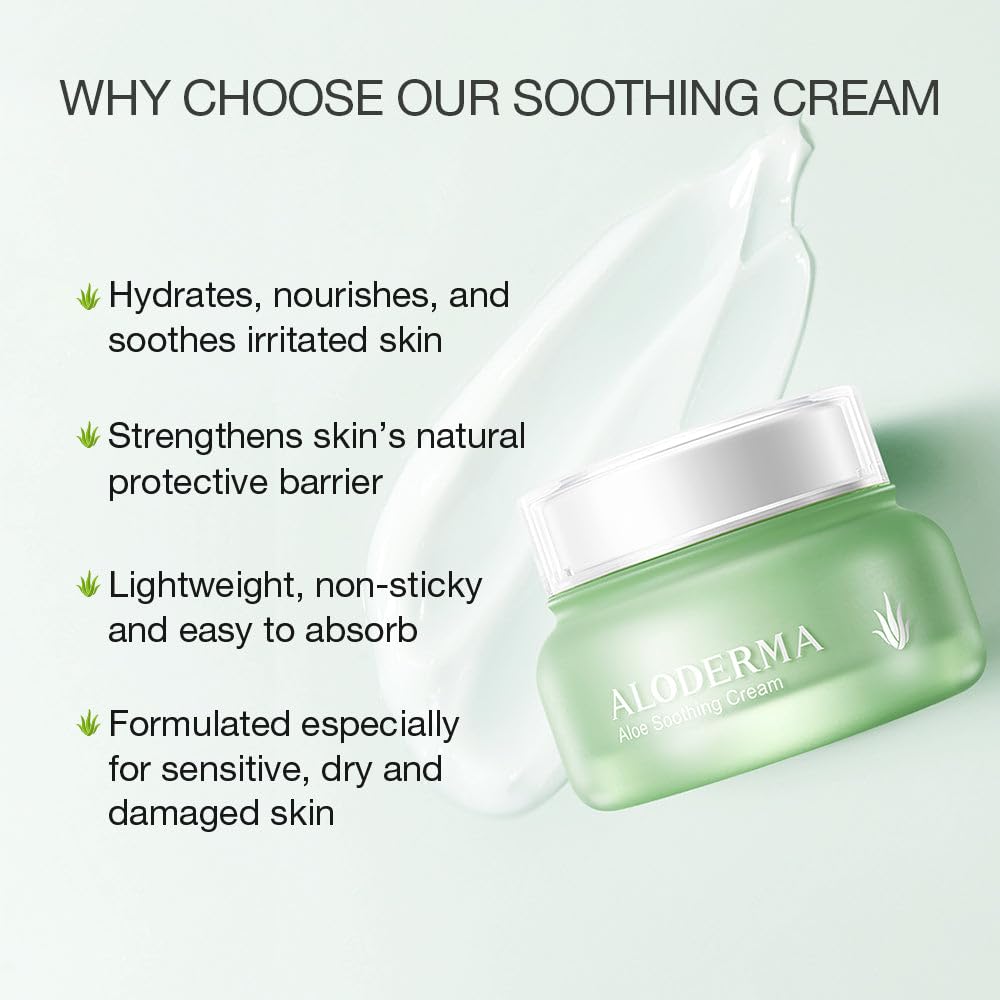 Aloderma Soothing Face Cream Made with 75% Organic Aloe Vera - Calming Facial Cream with Squalane & Vitamin E for Dry, Sensitive Skin - Reduces Redness, Helps Protect Damaged Skin, 50g/1.76oz