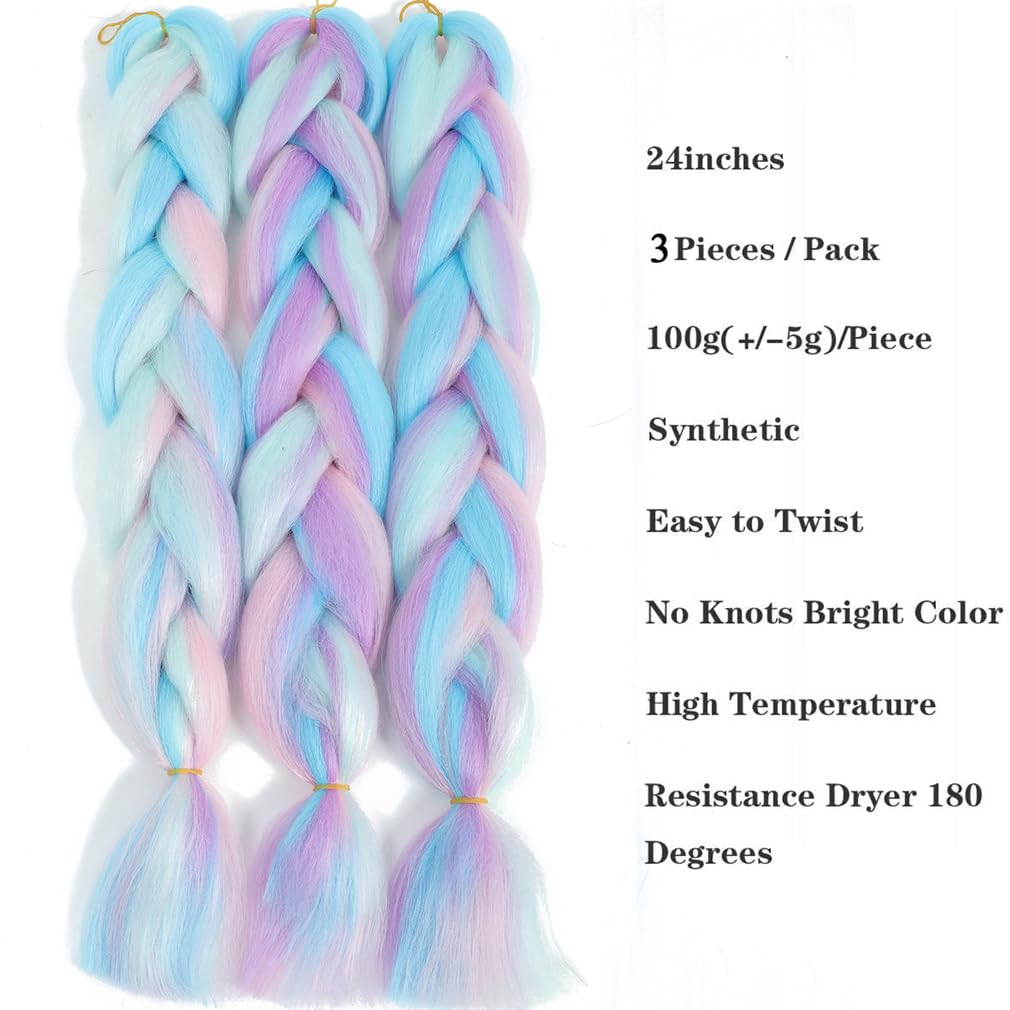 Rainbow Braiding Hair 3 Packs 24inch Jumbo Braiding Hair Extension Four Color Mix Braiding For Twist Braids,Jumbo Box Braids High Temperature Synthetic Fiber(Pink/Blue/Purple/Light Cyan)