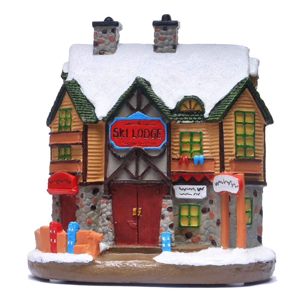 QPURP Christmas Village House, Polyresin Lighted Winter Ski Lodge Scene Decoration Christmas Ornament