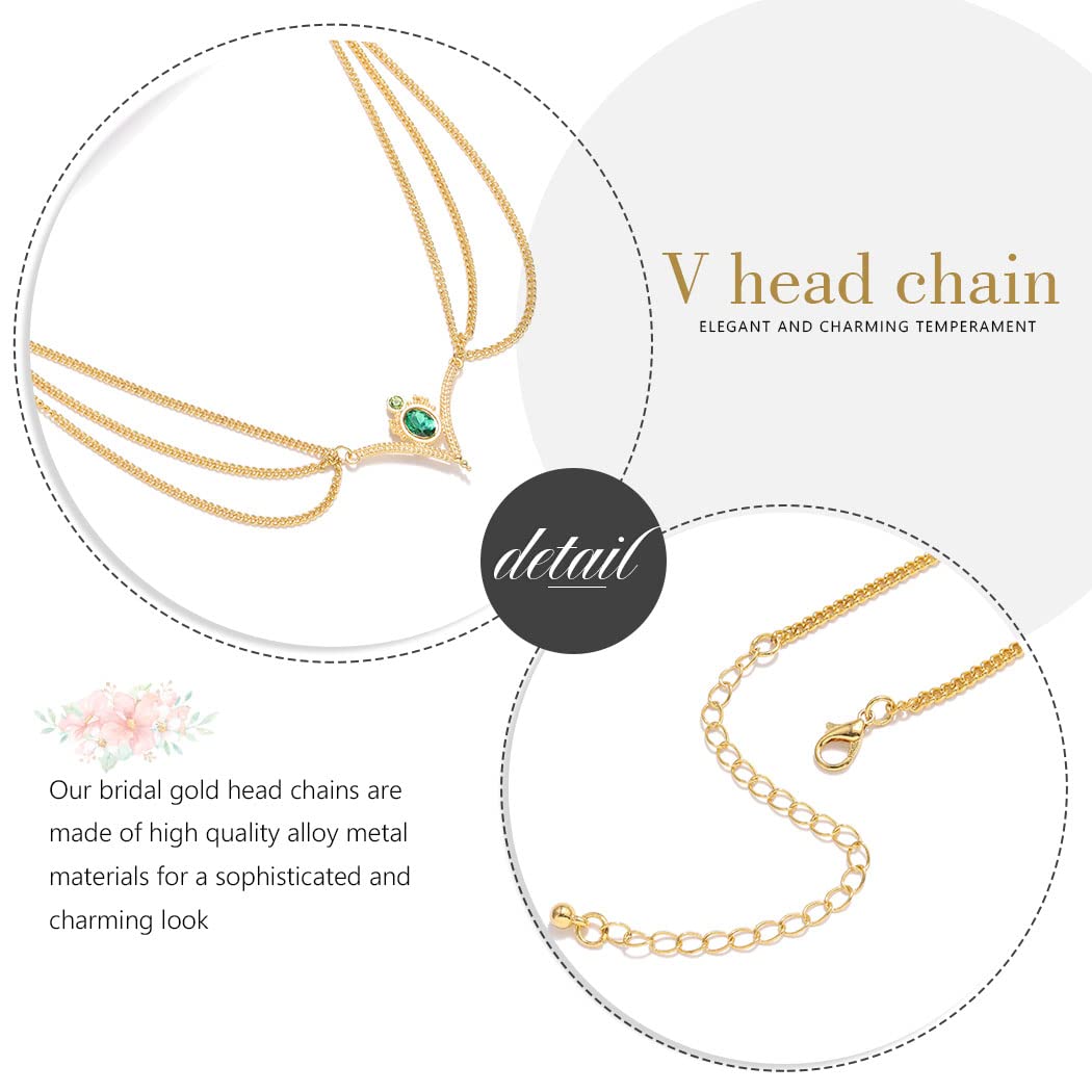 Yean Gold Head Chain Jewelry Crystal Forehead Hair Jewelry Bohemian Festival Head Jewelry Headband V-Shape Halloween Costume Headpiece for Women