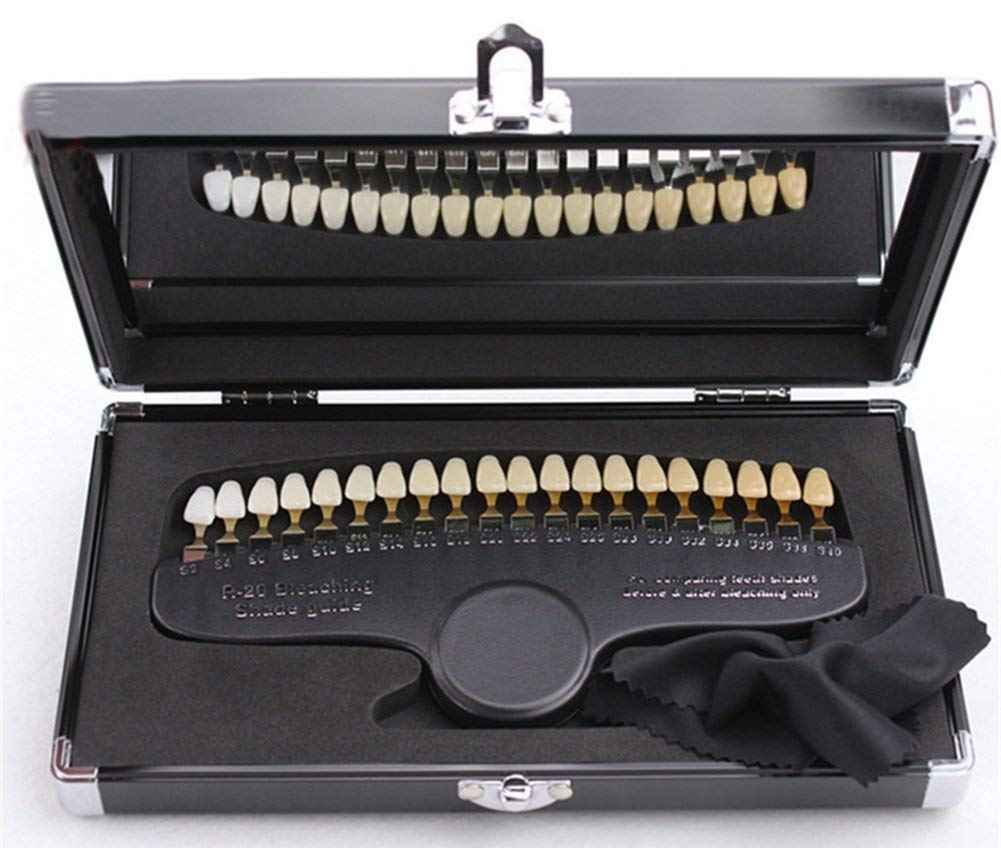 Professional 3D R-20 Teeth Whitening Shade Guide Dental 20 Colors Tooth Bleaching Shade Chart with Mirror Aluminum Case