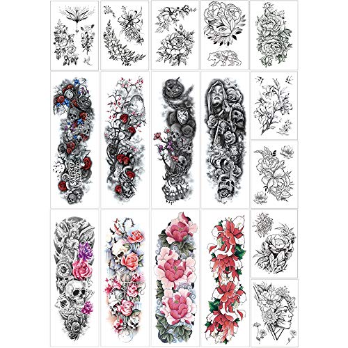 Full & Half Arm Temporary Tattoo Stickers, 17 Sheets Floral