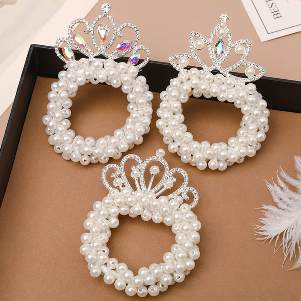 7 Pcs Beaded Hair Accessories: Pearl Crown Ponytail Holders, White Beads Scrunchies, Elastic Bands, Crystal Princess Hair Ropes for Women Girls