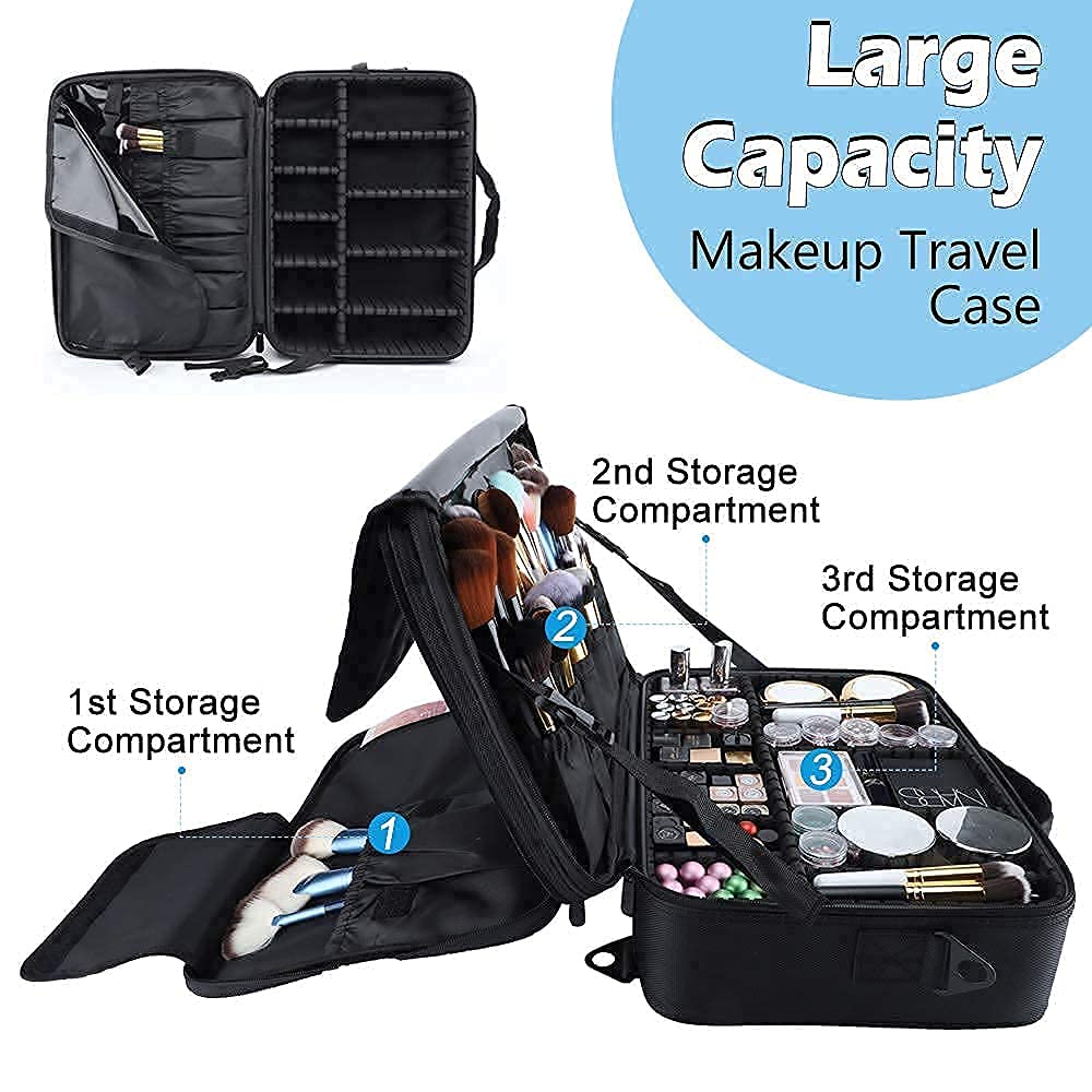 gzcz Travel Makeup Train Case 13.5 Inches Professional Makeup Bag Portable Cosmetic Case Organizer Brush Artist Storage Bag With Adjustable Dividers for Make Up Accessories (M-Black)