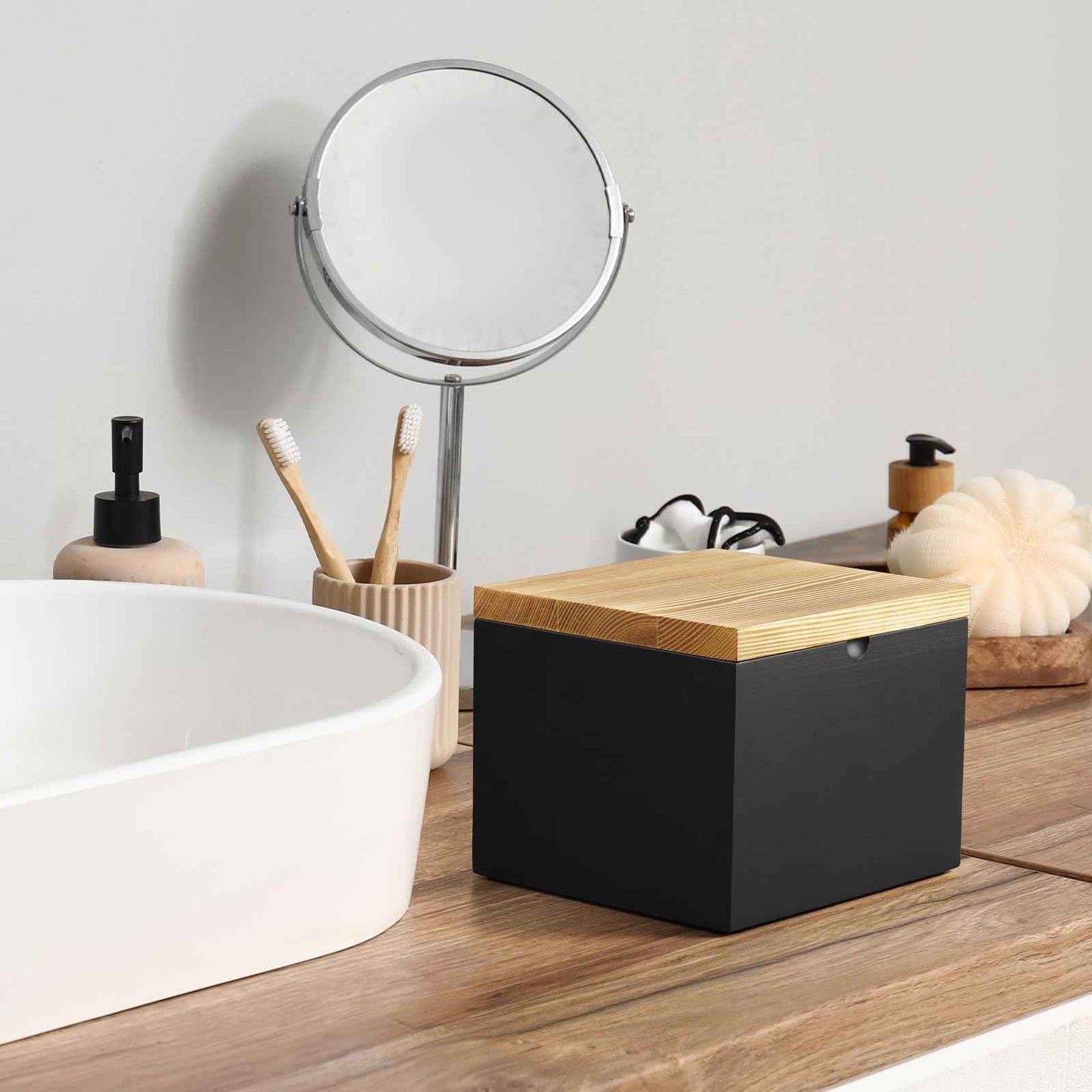 CMLKLZD Disposable Face Towel Holder, Wooden Box Compatible with Clean Towels XL(NOT Included), Black Container for Cleansing Facial Dry Wipes, Face Towelettes Bathroom Counter Storage