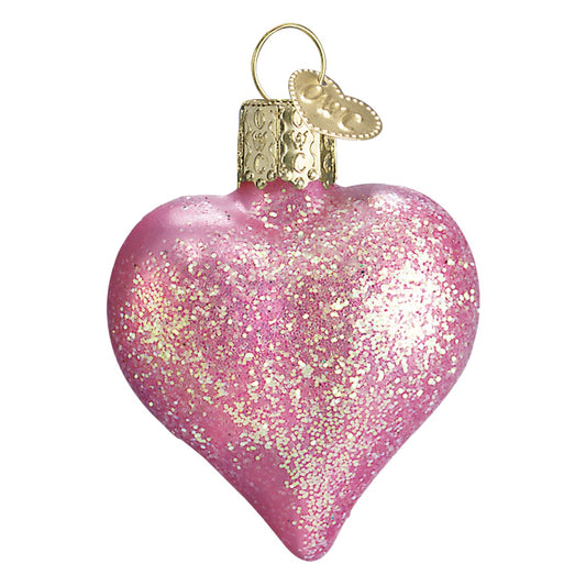 Old World Christmas Pink Glittered Heart Glass Blown Ornament for Christmas Tree