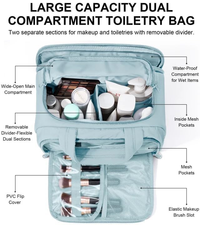 Bagstellar Light Blue Travel Toiletry Bag for Women, Large Waterproof Makeup Organizer