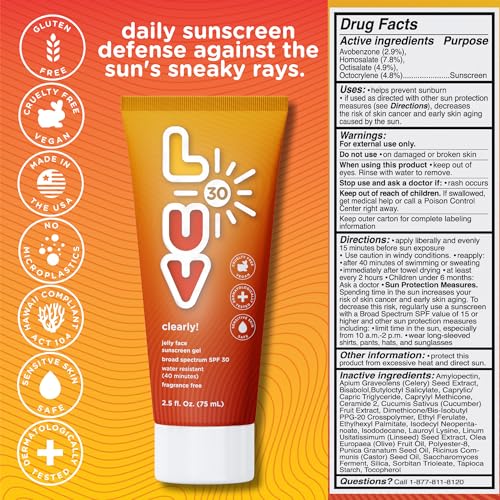 L-UV clearly! SPF 30 Jelly Face Sunscreen, Invisible & Lightweight, Broad-Spectrum UVA/UVB Protection, Sensitive Skin Safe, Fragrance-Free, Hydrating with Ceramides & Pomegranate Seed Oil, 2.5 Fl Oz