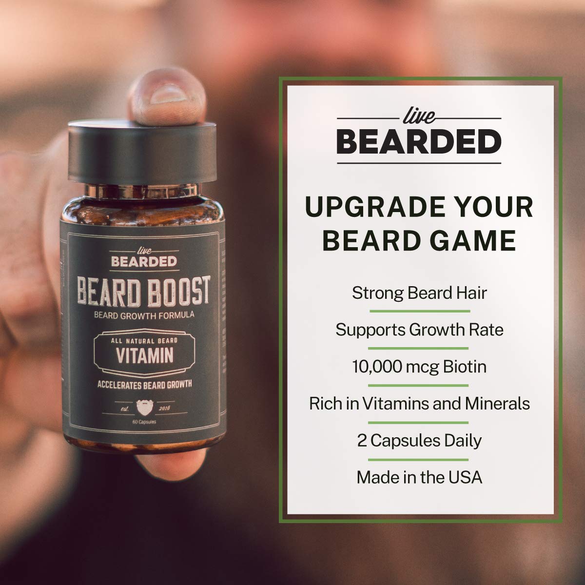 Live Bearded: Beard Boost - Beard Hair Growth Multivitamins with Biotin 10,000mcg, Vitamin C, Vitamin E and Zinc - 30-Day Supply - Thick, Strong, Full Beard Growth Support - Made in The USA