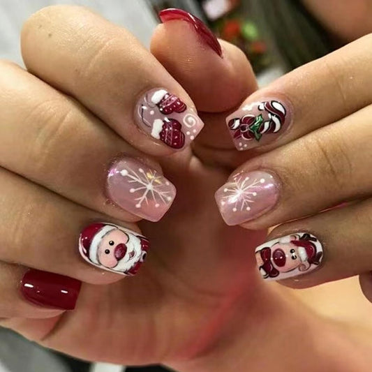 Christmas Press on Nails Short - 24 Pcs Cute Fake Nails Press ons Xmas Glue on Nails with Santa Claus Elk Snowflake Design Stick on Nails Extra Short Red False Nails for Women DIY Decorations