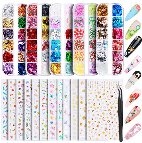 Teenitor Nail Stickers, 12 Sheets Nail Art Stickers 3D Self-Adhesive and 5 Boxes Butterfly Nail Sequins Heart Glitter Foil Flakes Nail Fruit Slices Nail Decorations for Nail Art