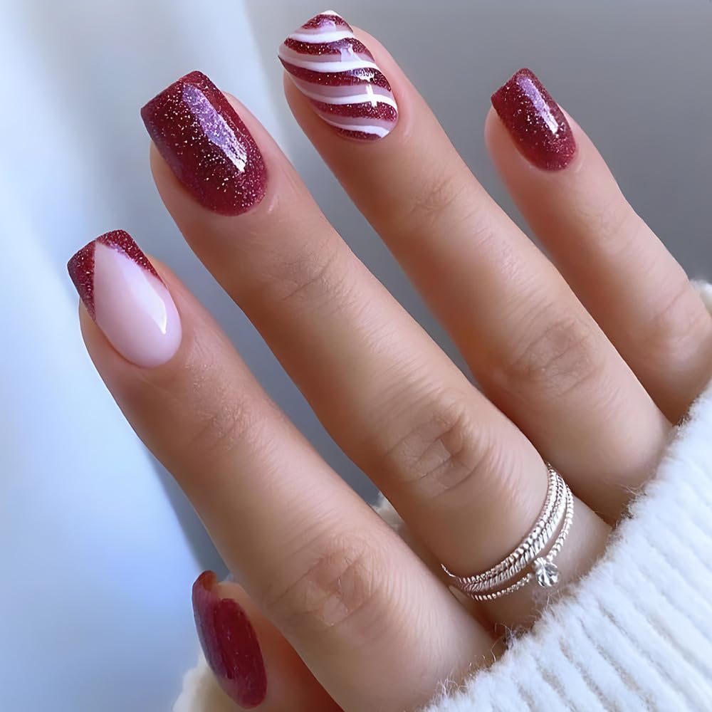 Christmas Press on Nails Short Square Medium Fake Nails Red and White Curve Checkered Glitter Design French Tip False Nails Full Cover on Artificial Nails Glossy Glue on Nails Stick on Nails for Women