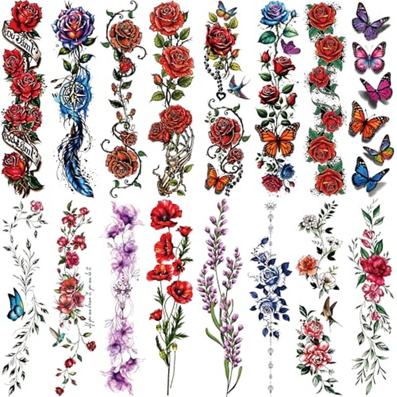 3D Flower Temporary Tattoos for Women Girls -24 Sheets Colourful Flower Roses Realistic Butterfly Tattoo Stickers Watercolor Waterproof Tattoo for Arm Collarbone Leg Backbone Body Art