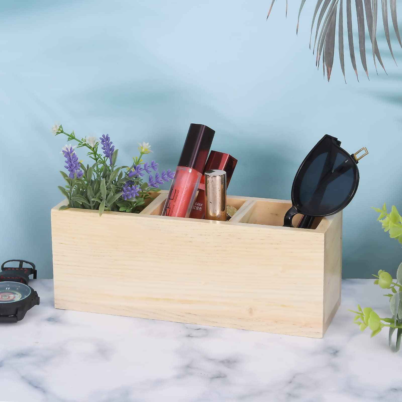 dedoot Wooden Pencil Holder Remote Holder, Unfinished 3 Compartment Wood Desk Organizers Drawer 3 Section, Rustic Remote Control Holder for Desk,School, Home and Office Supplies, 9x3x3.4 Inches