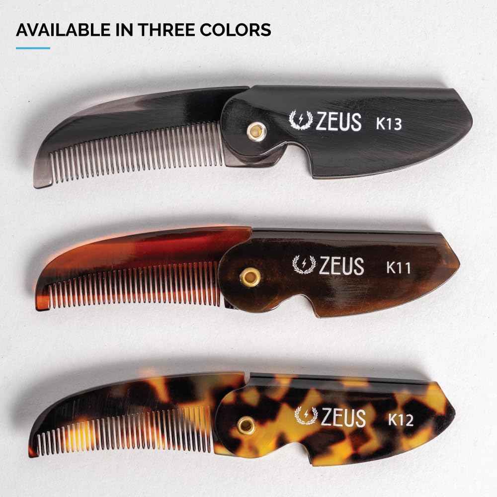 ZEUS Folding Mustache Comb for Men, Handmade Saw-Cut Pocket Comb for Men’s Beard & Moustache Grooming, Compact & Travel Friendly (Traditional) 3 PACK