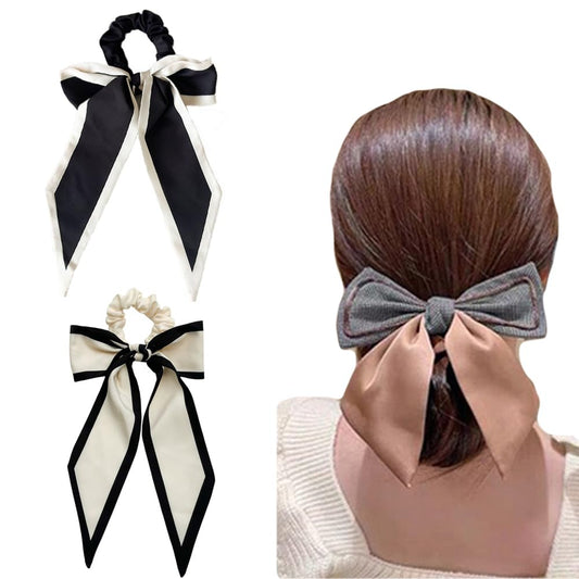 2Pcs Black Beige Chiffon Bow Hair Scrunchies and Short Ribbon Ponytail Holders for Women Girls (black/brown)