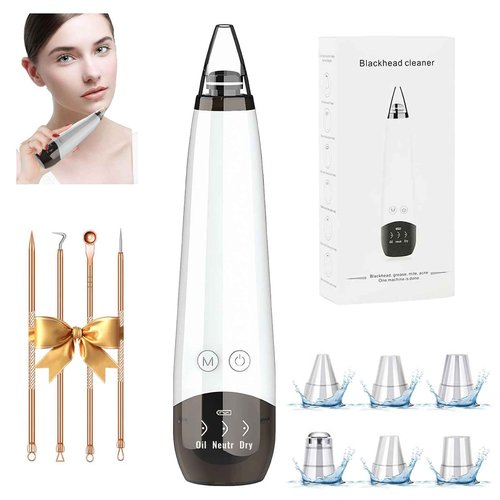 2025 Pore Vacuum, USB Rechargeable Blackhead Remover Vacuum,3 Levels Adjustable Pore Vacuum Blackhead Remover, with 6 Suction Power Probe,4 Golden Needle face Vacuum Pore Cleanser Kit-White