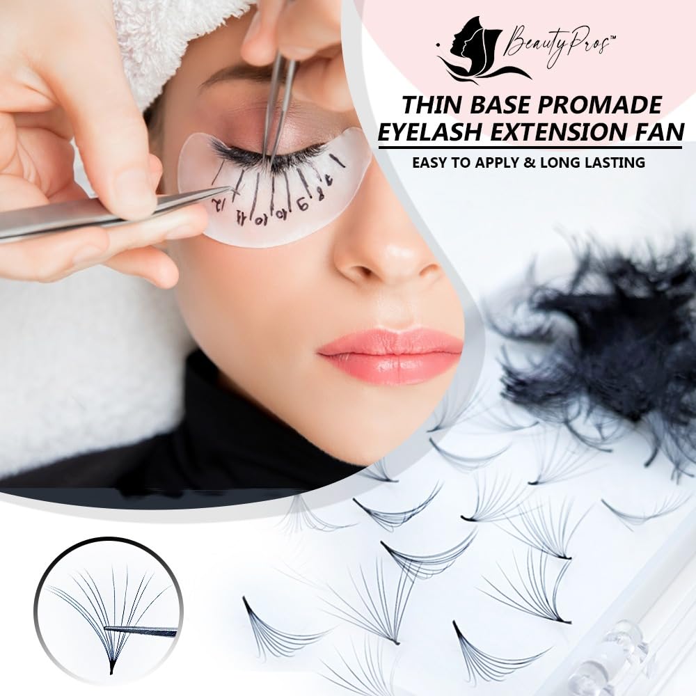 BeautyPros Professional Lash Extension Kit – Faux Mink Bundle 500 Lash Fans (8-17mm)- Premade Loose Fans base (0.05mm & 0.07mm) -Volume Lash Extensions Multiple Selection -Black (3D C Curl 15mm)