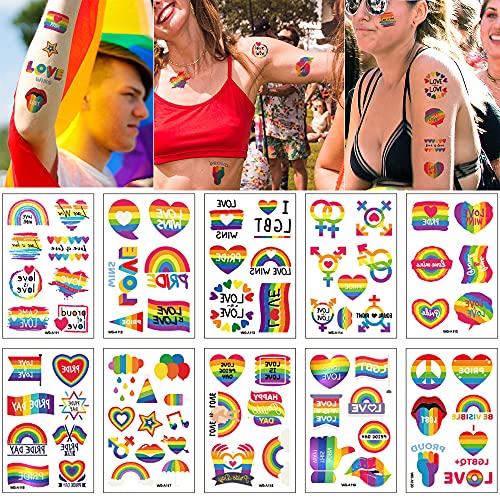Pride Day Rainbow Temporary Tattoos, 73pcs LGBTQ Fake Tattoo Designs, Gay Parade Body Painting Party Celebration Personality Decoration, Waterproof Stickers, Heart Love Stripes Art Favor Supplies