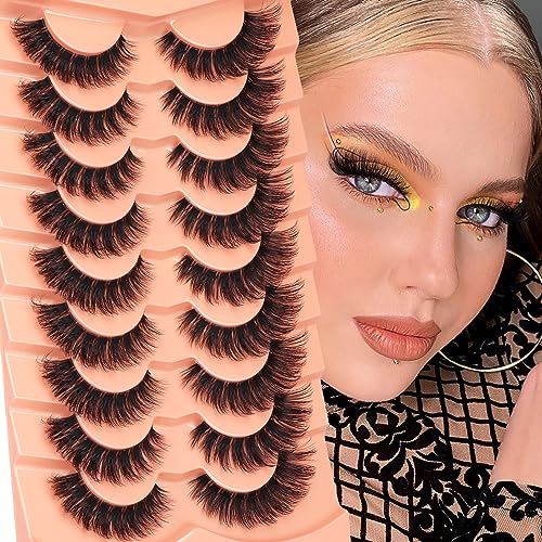 Newcally Russian Strip Lashes - Wispy Mink D-Curly Fake Eyelashes 9 Pairs