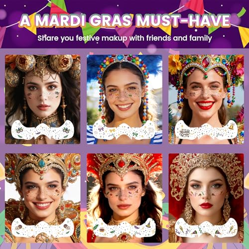 Mardi Gras Decorations, Mardi Gras Decor Temporary Tattoos, Mardi Gras Freckles Face Tattoos with Body Glitter Temporary Tattoo Stickers for Women, Teen Girls, Party Costume Outfit Makeup