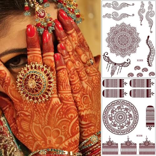 8 Sheets Temporary Tattoo Stickers Red Brown Fake Tattoo Lace Floral Temporary Waterproof Body Art Long Lasting Stickers Beach Festivals Wedding Party Decorations