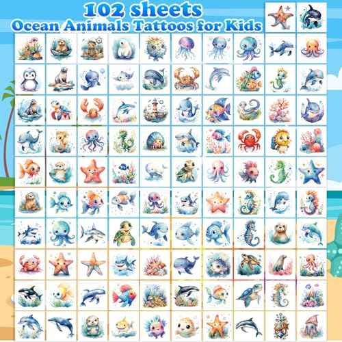 102 PCS Individually Wrapped Ocean Animals Temporary Tattoo for kids - Cute Sea Creature Temporary for Girls Boy Body Arm Shoulder Cute Tattoos Stickers, Birthday Party Supplies Gifts for Kids