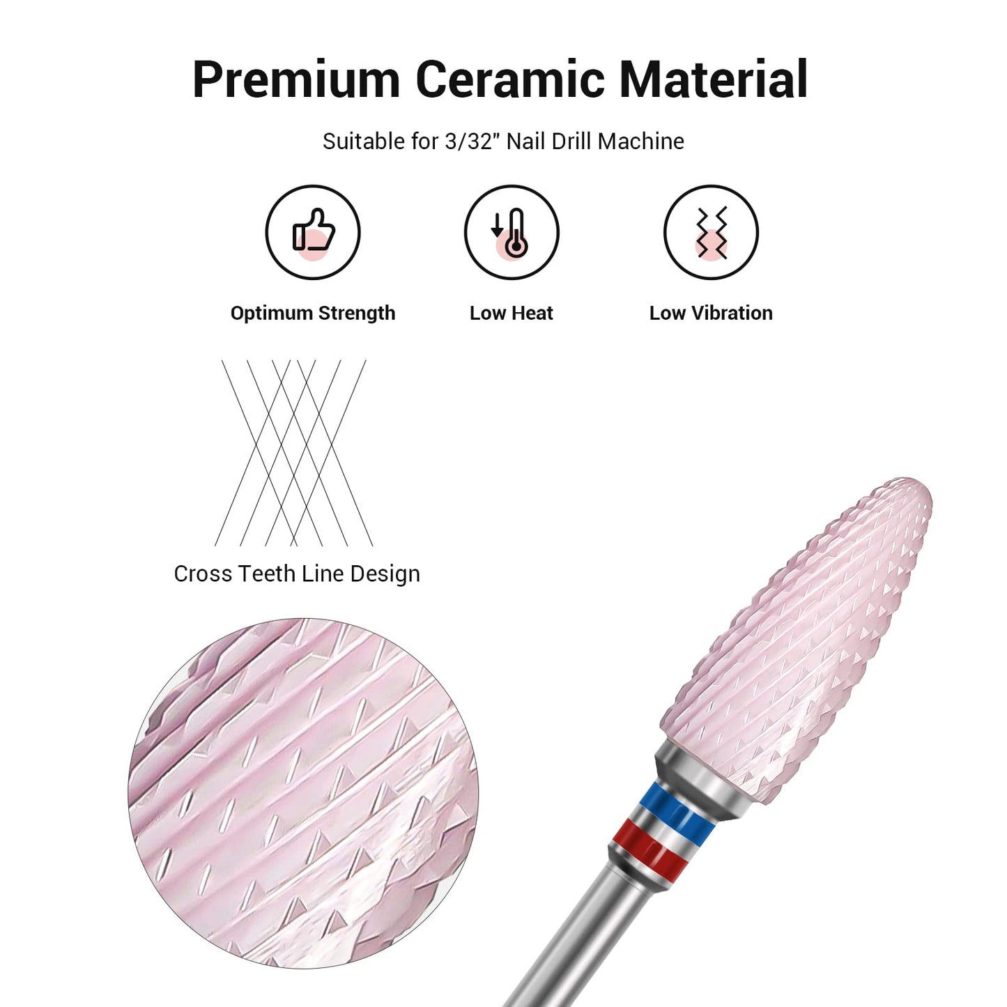 MelodySusie Ceramic Nail Drill Bit, 3/32'' (2.35mm) Professional Acrylic Nail File Flame Drill Bit for Manicure Pedicure Cuticle Gel Nail Polishing, Beginners Bits, Pink, Series Bit-S, Fine