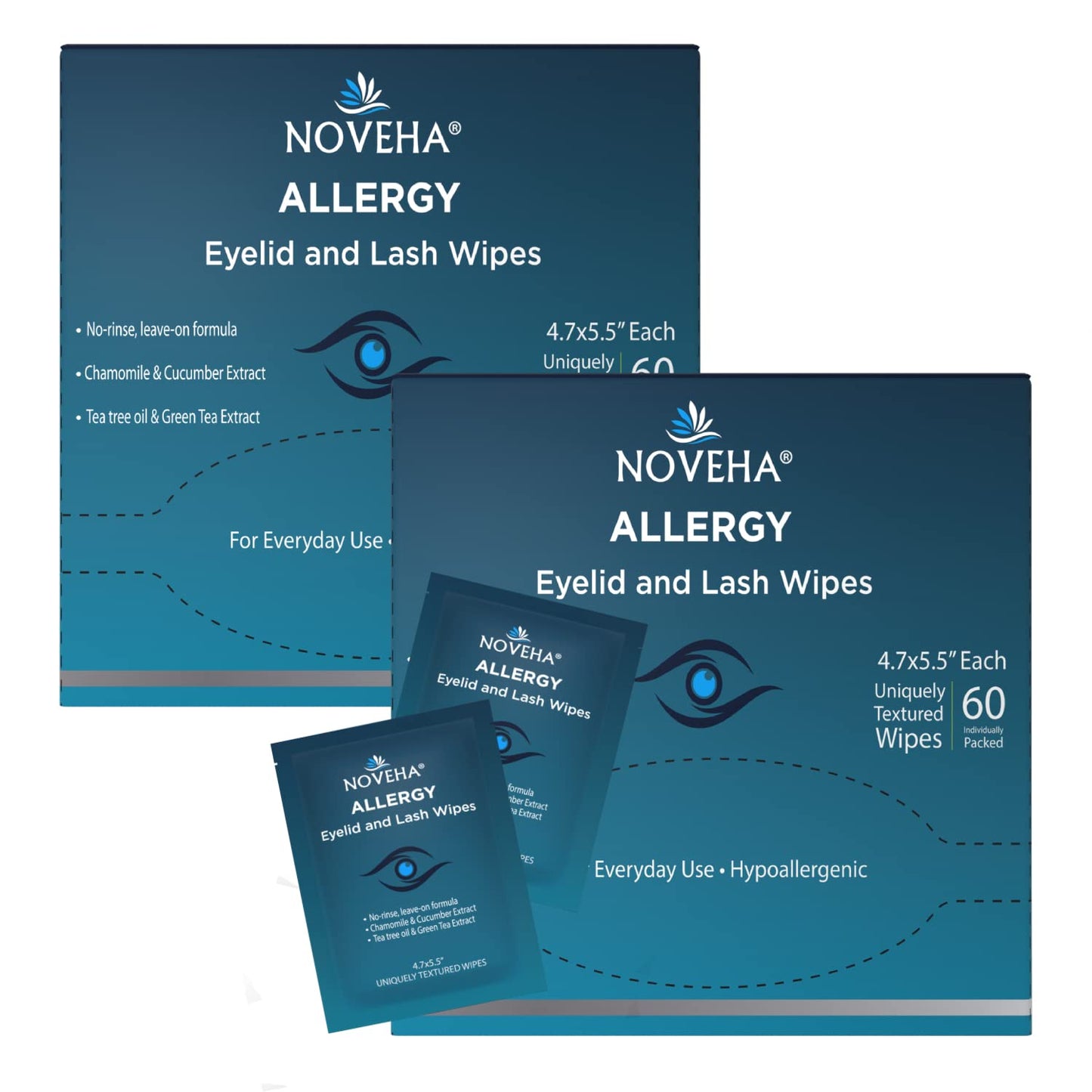 NOVEHA 120Pcs Allergy Relief Eyelid Wipes | Pre-moistened Hypoallergenic Eye Cleansing Pads, Reduce Itchiness, Redness & Discomfort Caused By Allergy, Clean, Soothe & Remove Debris (2 Pack)