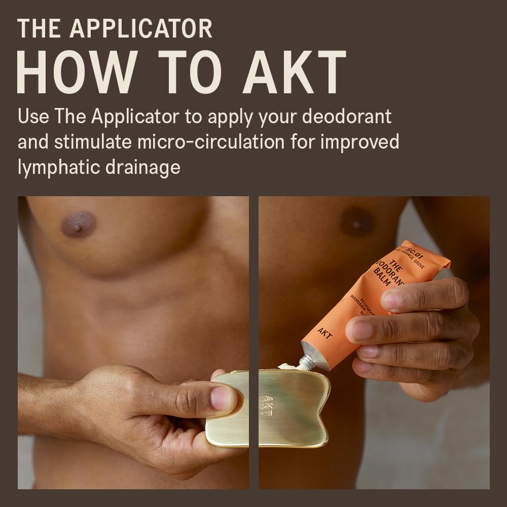 Akt, THE APPLICATOR. Inspired by GUA SHA for improved micro-circulation. 100% PLASTIC FREE — Made from premium quality brass. Use to apply your NATURAL DEODORANT BALM from LONDON