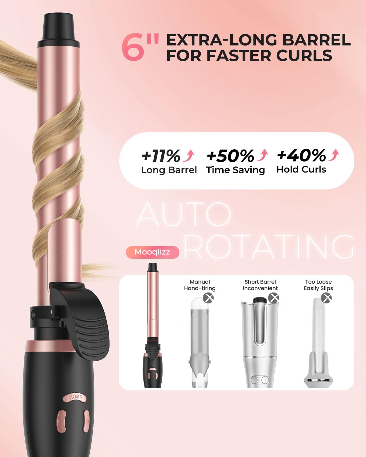 Rotating Curling Iron 1 Inch, Automatic Curling Wand for Long Hair,Adjustable Temperature Setting with LCD Display, Dual Voltage, Rose Gold