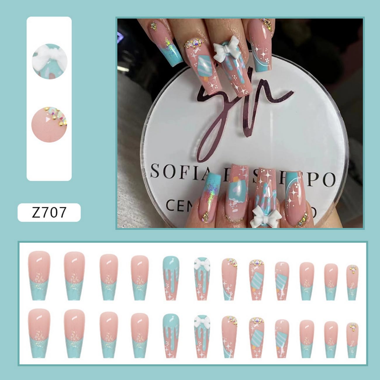 Long Press on Nails Pink Coffin False Nails with Designs 3D Charm Glitter Rhinestone Glossy Fake Nails Acrylic Glue on Nails Artificial Nails for Women and Girls 24Pcs