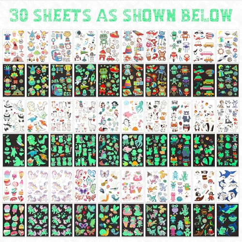 Sinmoe 30 Sheets 400 Pieces Glitter Temporary Tattoos for Kids Waterproof Butterfly Mermaid Unicorn Cartoon Stickers Glow Tattoo for Girls Birthday Party Favors Goodie Bags Fillers(Luminous Pattern)