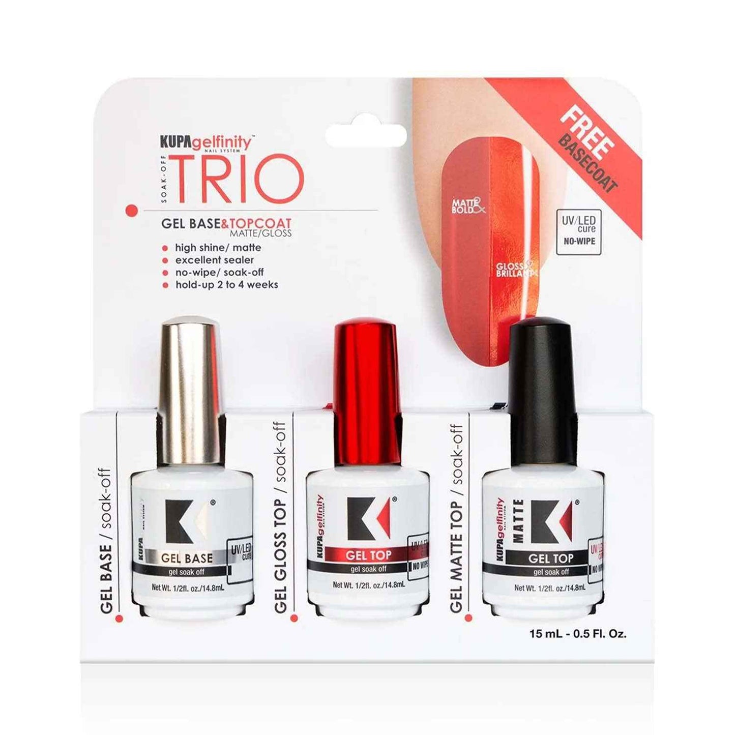 KUPA Gelfinity - Soak Off Gel - Base & Glossy Top & Matte Top Coat (No-Wipe) 0.5 Fl Oz Pack of 3