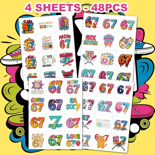 67 Meme Temporary Tatoos Six Seven Funny 6 7 Tattoos 6 7 Party Favors, Number Funny Six Seven Meme 6 7 Gifts Tattoos 48Pcs