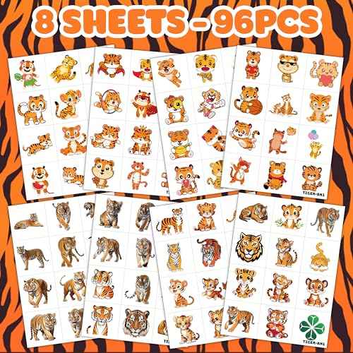 96PCS Tiger Temporary Tattoos for Kids ? Jungle Animal Theme Birthday Party Favors, Cute Wild Cat Stickers for Boys Girls, Classroom Gifts, Decorations, Prizes, and Rewards