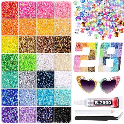 34000Pcs Resin Rhinestones with B7000 Jewelry Glue for Crafting, Multicolors 3mm Non Hotfix Flatback Gems, Bedazzling Crystal for DIY Crafts Clothing Tumblers Mugs Shoes Fabric Decor Nail Art
