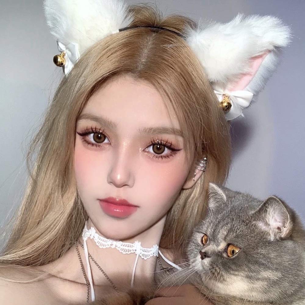 Faux Furry Anime Faux Fur Fox Ear Headband with Bells, Plush Neko Cosplay Accessory for Halloween Costume Party Fancy Dress (White-Pink)