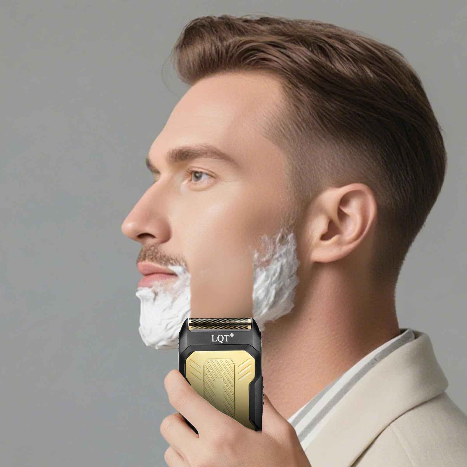 LQTⓇ Mini Foil Shaver, Portable Cordless Electric Shaver for Men, Equipped with a Set of Replacement Heads, USB-C Charging Cable, and Cleaning Brush, Suitable for Travel and Home use. (Golden)