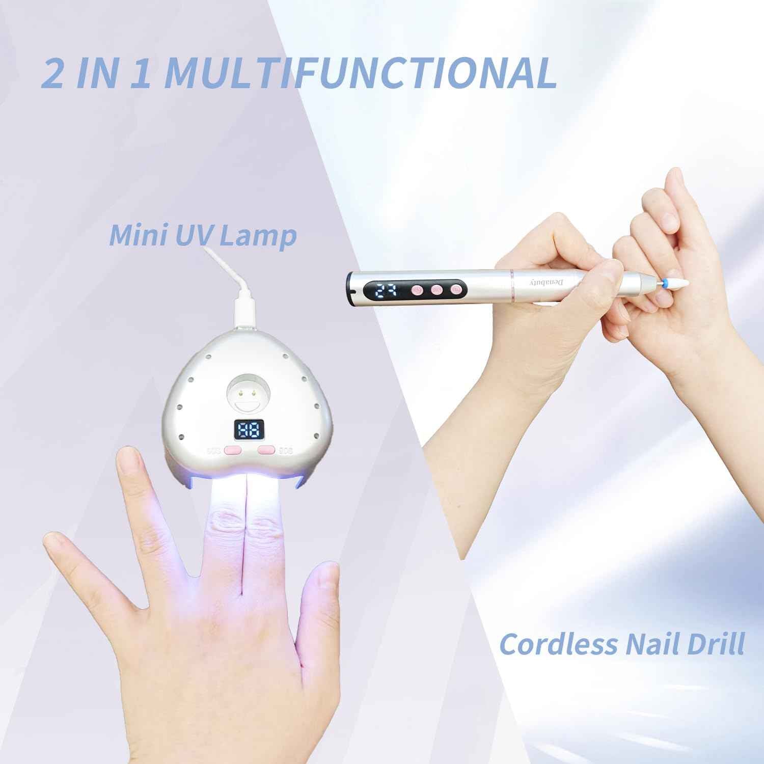 Denabuty Cordless Electric Nail Drill File: 35000RPM Professional Nail Drill Machine with UV LED Nail Lamp Charging Base, Manicure Pedicure Kit E File for Acrylic Gel Dip Powder Polish Silver