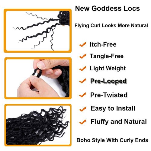 14 Inch Faux Locs Crochet Hair Goddess Locs Crochet Hair for Women Black Color Pre-Looped River Locs with Curly Ends 7 Packs (1B#)