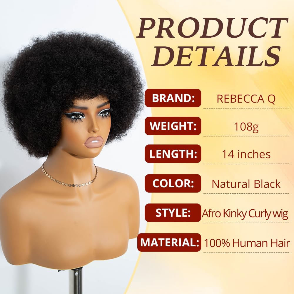 Rebecca Q Afro Human Hair Wigs 70s Short Afro Wig for Black Women Short Kinky Curly Glueless wig with Bangs for Daily Cosplay Party (Black)