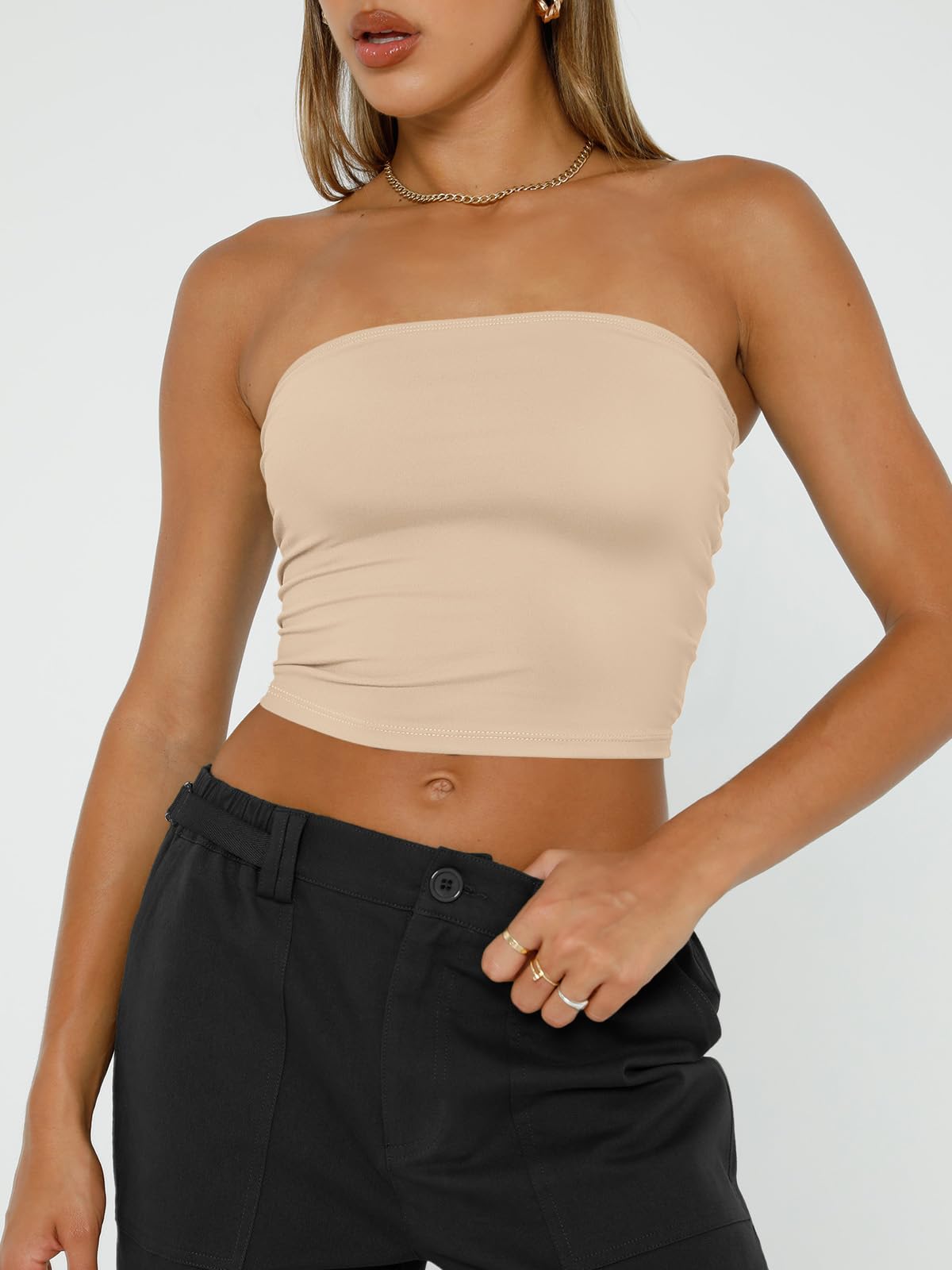 Trendy Queen Crop Tops for Women Bandeau Strapless Summer Vacation Outfits 2024 Sexy Tube Going Out Tops Basic Backless Cute Sleeveless Slim Fit Teen Girls Clothes Khaki