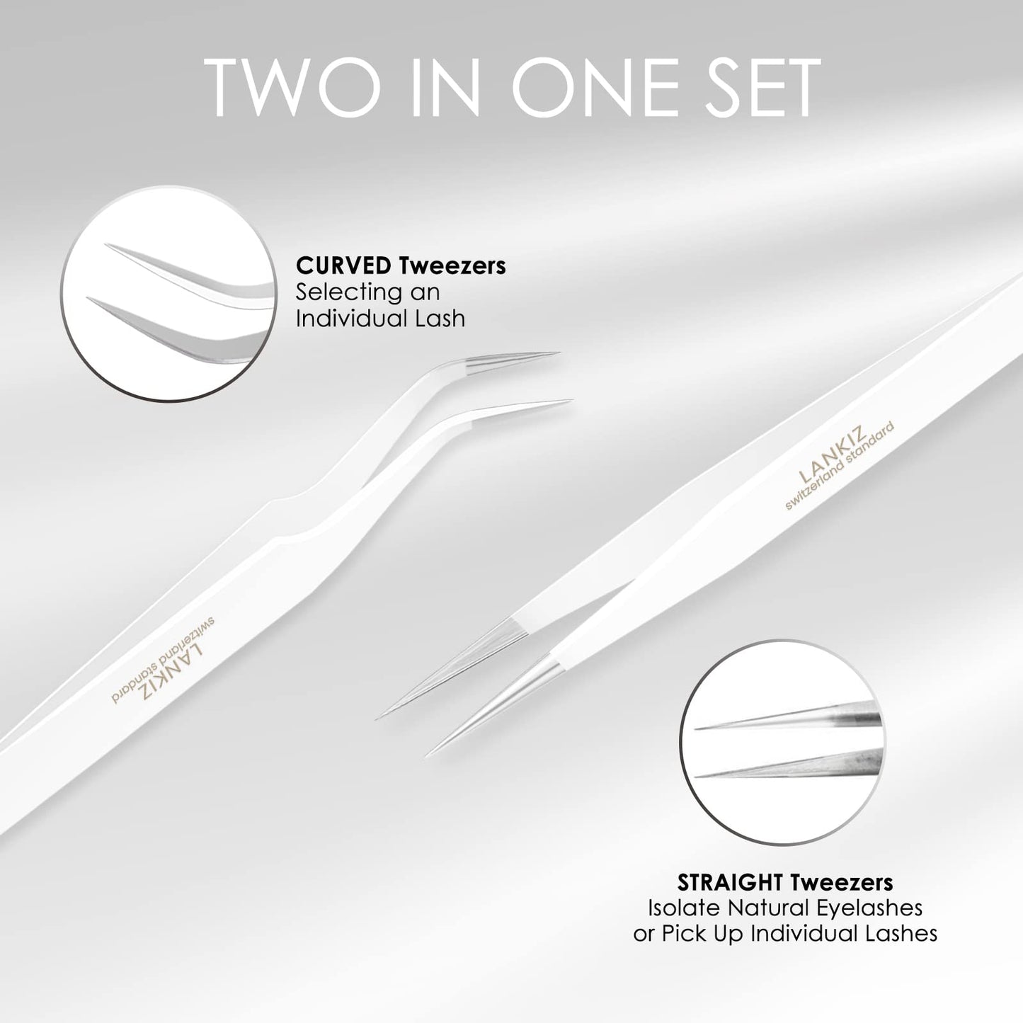 LANKIZ Eyelash Extension Tweezers Stainless Steel Straight and Curved Volume Lash Tweezers Set of 2 for Professional Eyelash Extension Application -White pinzas para pestaas pelo a pelo