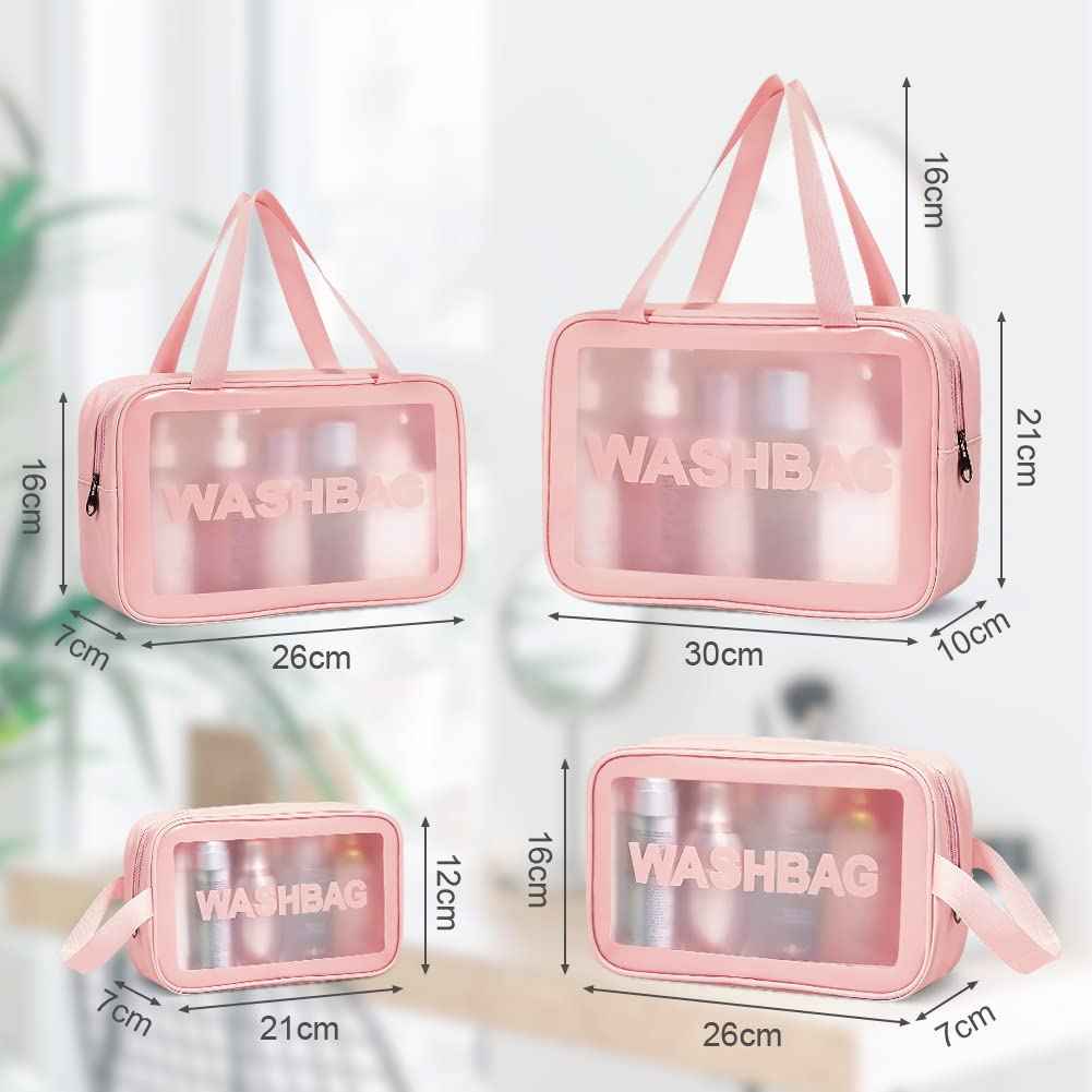 Aucuu 5PCS Clear Toiletry Bags, Wash Bag, Clear PU Makeup Bag, Waterproof Toiletry Travel Bag with Zipper Handle, Portable Airport Cosmetic Bag for Travel Bathroom Men Women (Pink)