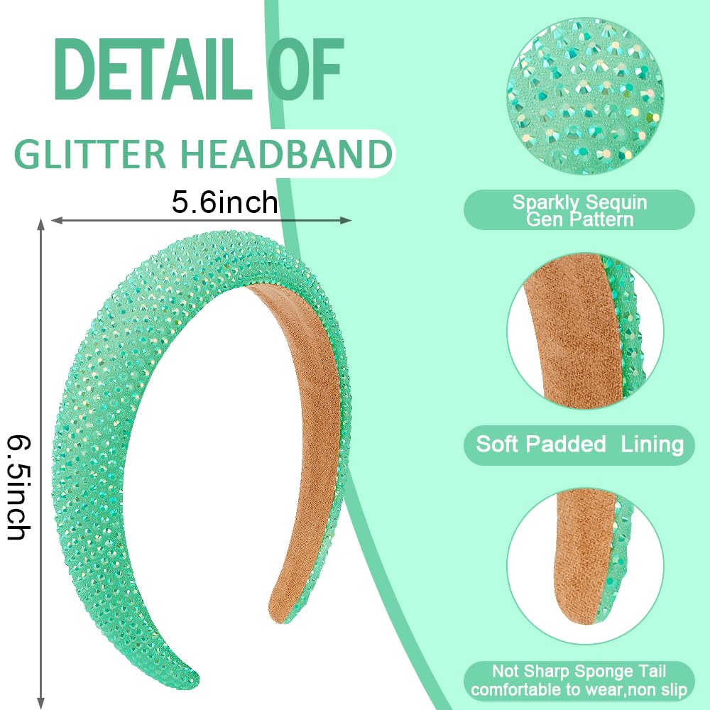 AHONEY Glitter Headbands Rhinestone Headband for Women Girls Padded Embellished Head Band Bling Sparkly Wide Headpieces Disco Headband Birthday Party Hair Accessories (Green)