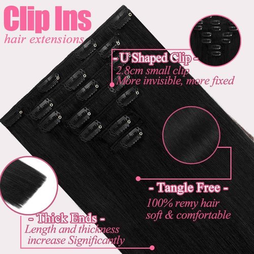 Clip in Hair Extensions, 18 Inch 7Pcs Invisible Seamless Real Hair Extensions Clip in Human Hair, 1B Natural Black Straight Human Hair Extensions for Women, 95g Double Weft Remy Human Hair