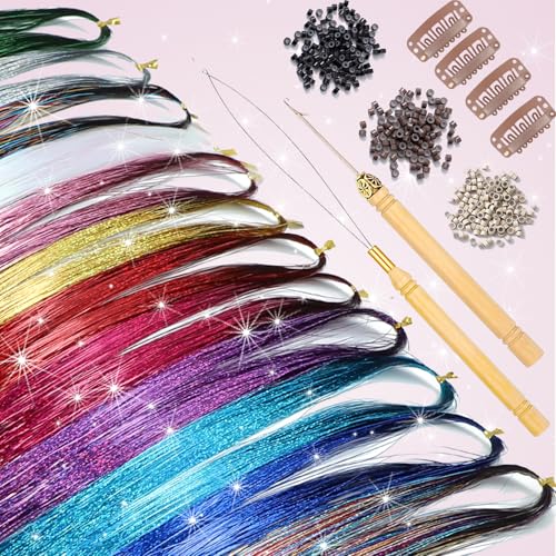 22 Colors Hair Tinsel Kit, 7800 Strands 48 Inch Glitter Tinsel Hair Extensions with Tools, Heat Resistant Sparkling Fairy Hair Accessories for Girls, Kids, Women Christmas Cosplay Party