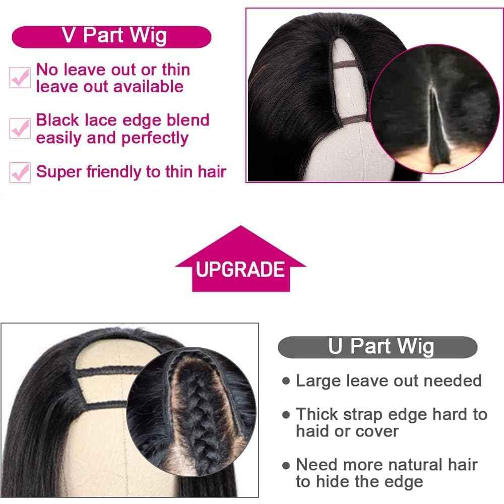 Pobokix Straight V Part Wigs Human Hair Upgrade U Part Human Hair Wigs for Black Women Glueless Clip In Half Wig 180% Density Natural Color (8inch)